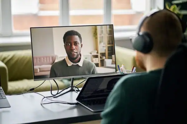 Man attending online mediation Bourne MIAMS session